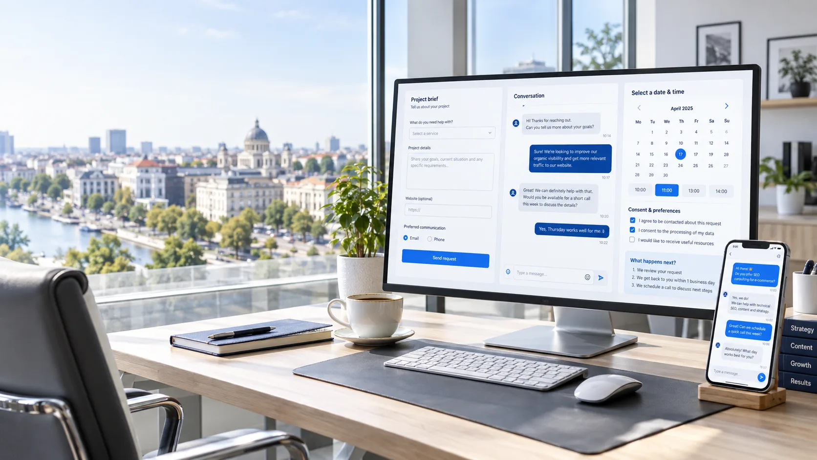 Monitor și telefon cu un traseu de contact și clarificare a proiectului