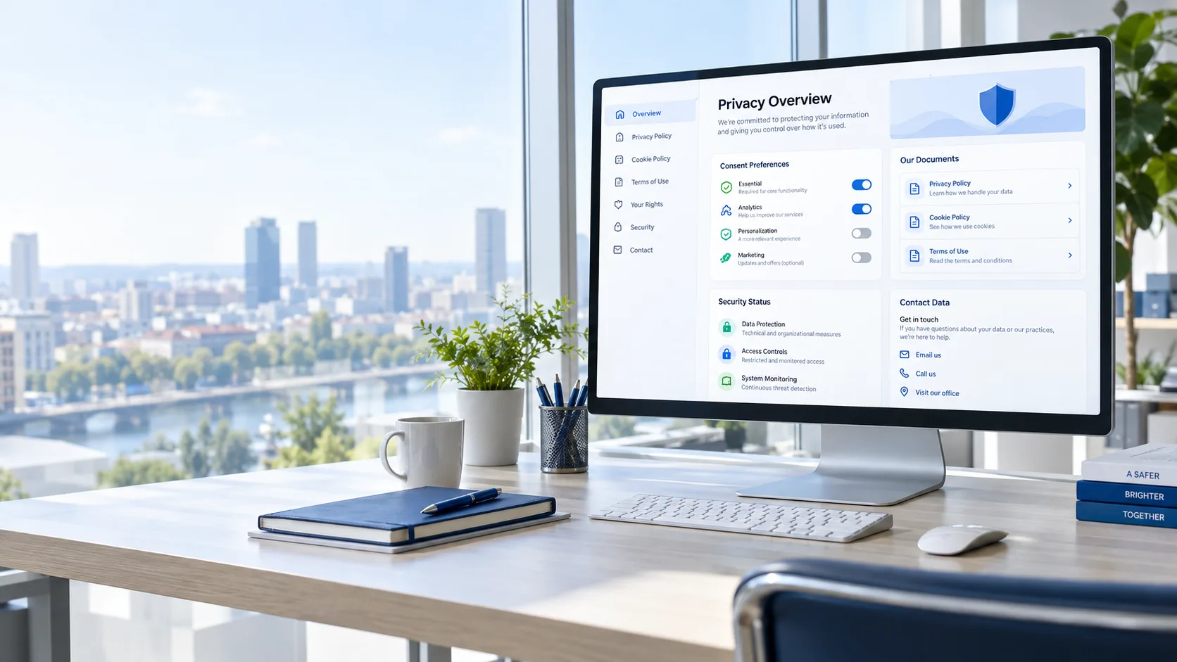 Monitor cu opțiuni de informare, preferințe și documente de confidențialitate