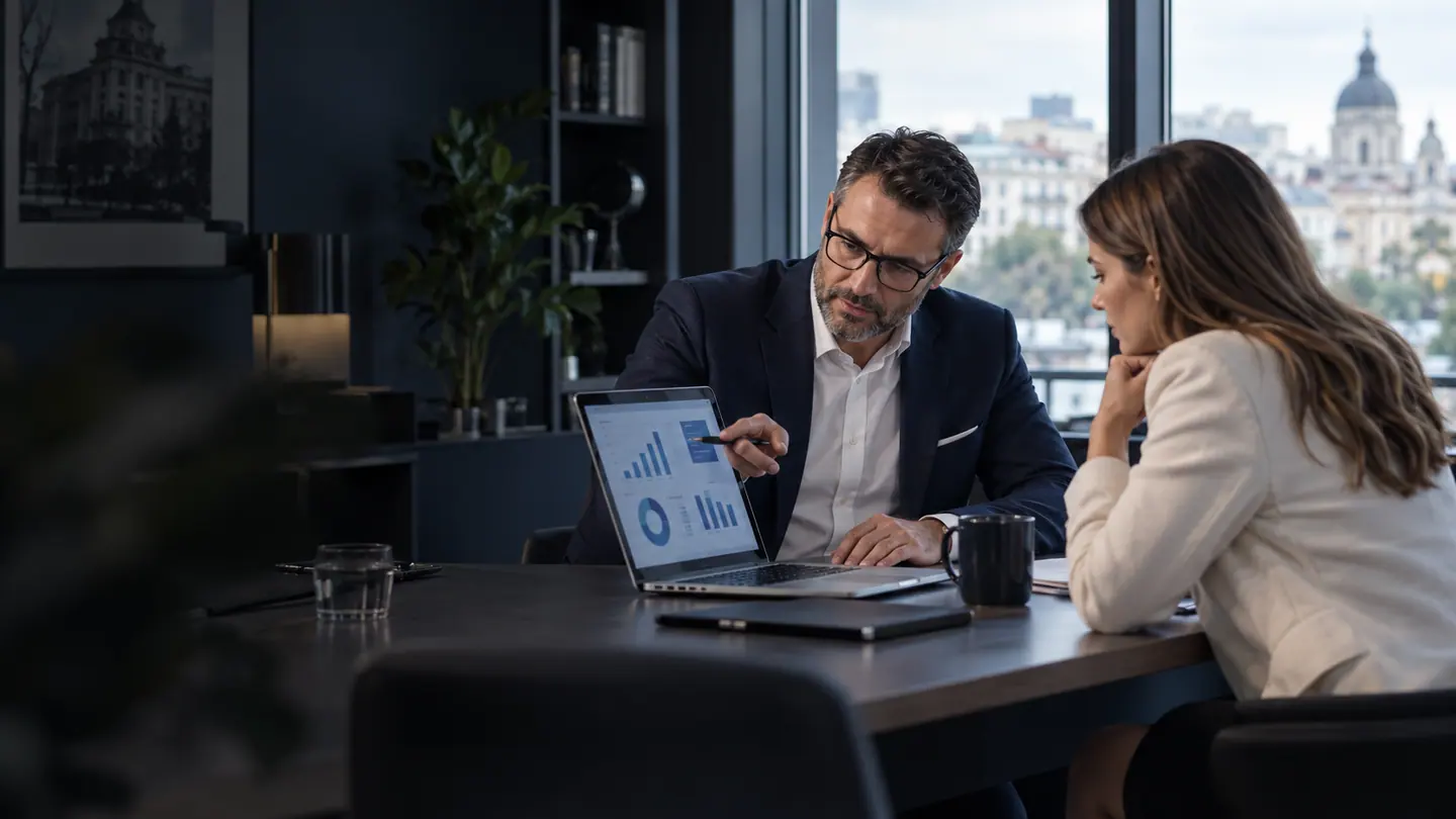 Consultant discutând o strategie digitală cu o antreprenoare